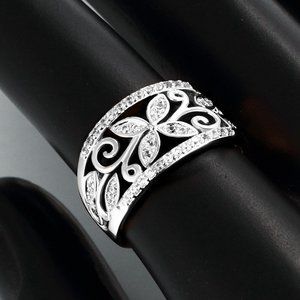 "Hollow Crystal Luxury 925 Silver Plated Vintage Flower Ring for Women, …